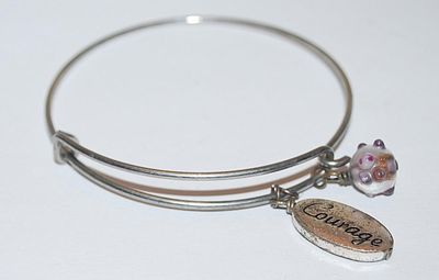Vintage "COURAGE" BRACELET (2½" Opening) with Silver Tone Oval Charm & Lumpy Acrylic Bead on Curved Hook Closure