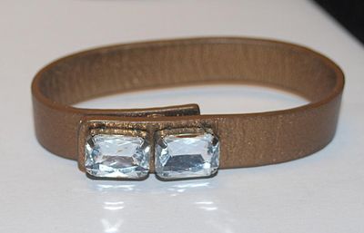 Brass Colored Leather-Like Strap BRACELET (2¼" Opening) with 2 Large Clear Rectangle Stone Accents and Button Snap Closure