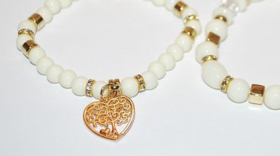 Collection of 2 White Pearl-Style BRACELETS (2" Opening) with "Tree of Life" Heart Dangle and Gold Tone Circles and Square...