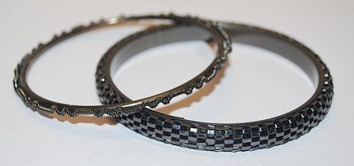 Collection of 2 BLACK BRACELETS (-2½"+ Opening) in "Checkered & Spiral Styles