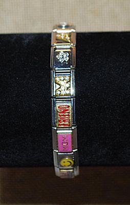 Bejeweled Segmented Elastic BRACELET (2¼" Opening) with Charms-Style Panels of "Mom, Friend, USA, Etc.
