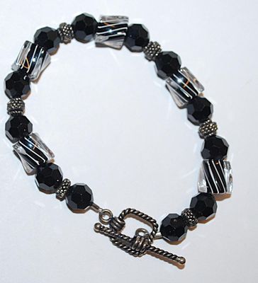 Black Striped Beads RETRO STYLE BRACELET (2¼" Opening) with Silver Tone + Black Prism Bead Accents and Toggle Clasp