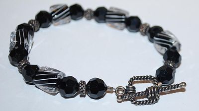 Black Striped Beads RETRO STYLE BRACELET (2¼" Opening) with Silver Tone + Black Prism Bead Accents and Toggle Clasp