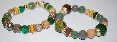 Collection of 2 Elastic BRACELETS (2" Opening) with Assorted Shades of Gray, Pink, Green & Coral Beads with Gold Tone "Bead...