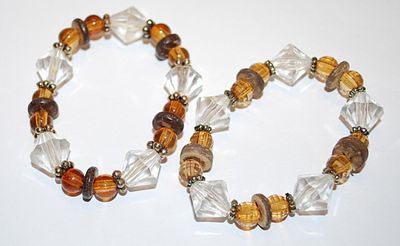 Collection of 2 Identical Elastic BRACELETS (2" Opening) with Amber & White Prism Beads