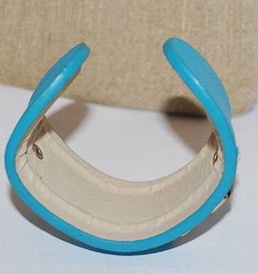 VINTAGE Blue Leather-Style CUFF BRACELET (2¼" Opening) with Silver Tone Chain Links