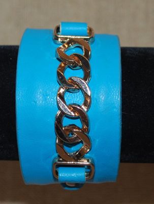 VINTAGE Blue Leather-Style CUFF BRACELET (2¼" Opening) with Silver Tone Chain Links