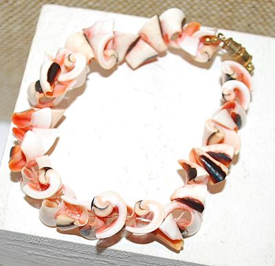 CORAL, BROWN & WHITE Colored Shell BRACELET (2" Circ.) with Gold Tone BARREL SCREW Clasp