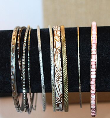 Collection of 10 BANGLE BRACELETS (-2½"+ Opening) with Gold & Silver Tones and Pink Beads