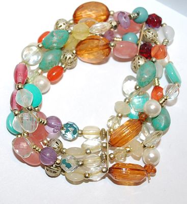 Amber, Pink & Green BEADED BRACELET (2" Opening) with 4 Strands Assorted Shaped Beads