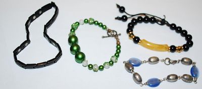 Collection of 4 Green, Black & Silver Colored Globes Fixed Size BRACELETS (2"-3" Opening) and Assorted Clasps