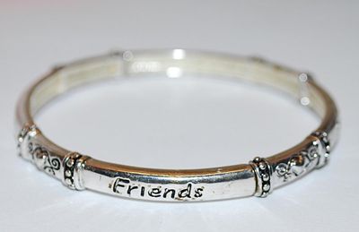 Silver Tone Elastic "FRIENDS" BRACELET (2¼" Opening) - Marked "FRIENDS" ON 4 Segments + Graphic Designs on the...