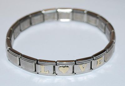 Silver Tone Elastic "LOVE' BRACELET (2¼" Opening) - Marked "ADD-A-CHARM ©" with Gold Colored Letters...