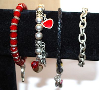Collection of 4 Charm-Style BRACELETS (2¼" Average Opening) with Red Hearts, Angels, USA Flag & Pink Bowtie Charms