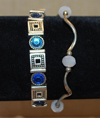 Collection of 2 Elastic BRACELETS (2" Opening) with BLUE Round Stones + Square Accent Segments and Opaque Prism Stones and Wire Curves