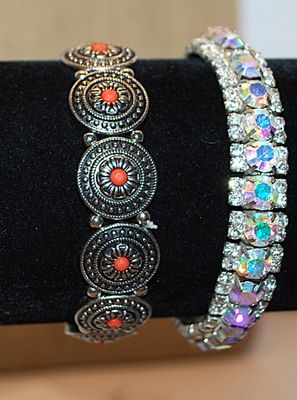 Collection of 2 Elastic BRACELETS (2"+ Opening) with Silver Colored Disks & Orange Centers and Infinity Iridescent Stones (1...