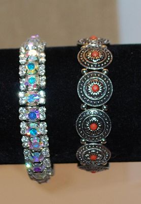 Collection of 2 Elastic BRACELETS (2"+ Opening) with Silver Colored Disks & Orange Centers and Infinity Iridescent Stones (1...