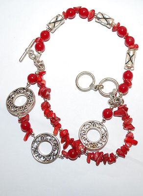 Red Beaded 3 Strand Large Opening UPPER ARM/BRACELET (4½" Opening) - Marked "JC" - with 3 Designed Disks & Toggle Clasp