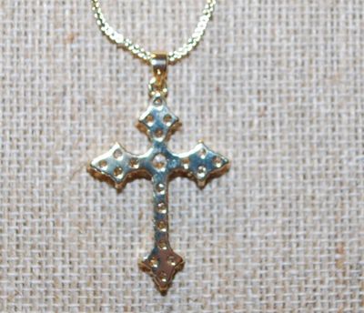 All Glitter Pointed Ends Cross PENDANT (1½" x ¾") on a Gold Tone Necklace Chain 17" L