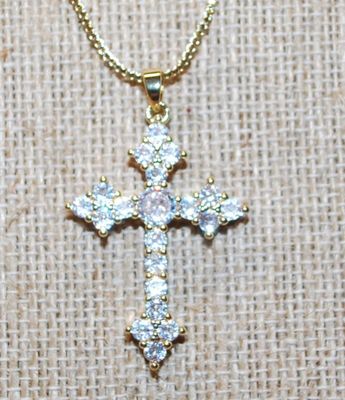 All Glitter Pointed Ends Cross PENDANT (1½" x ¾") on a Gold Tone Necklace Chain 17" L