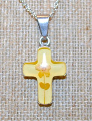 .925 Silver Acrylic Flower Cross PENDANT (¾" x ½") on a Silver Tone Necklace Chain 18" L