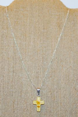 .925 Silver Acrylic Flower Cross PENDANT (¾" x ½") on a Silver Tone Necklace Chain 18" L