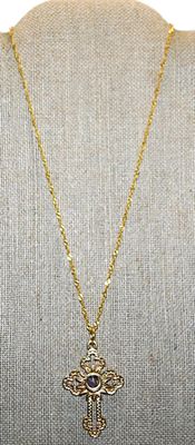 Bright Gold Colored "TABERNACLE" CROSS/PENDANT (2" x 1¼") on a Gold Tone Necklace Chain 18" L