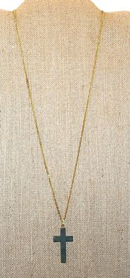 VINTAGE Deep Green "Marble" Style CROSS (1½" x ¾") on a Gold Tone Necklace Chain 24" L