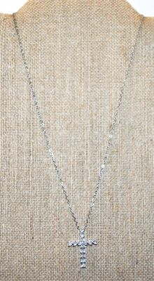 14 Clear Stones Cross PENDANT (1¼" x ¾") on a Silver Tone Necklace Chain 17" L