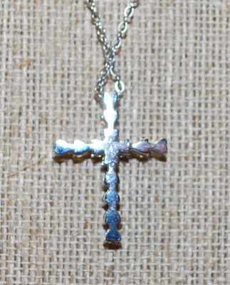 14 Clear Stones Cross PENDANT (1¼" x ¾") on a Silver Tone Necklace Chain 17" L