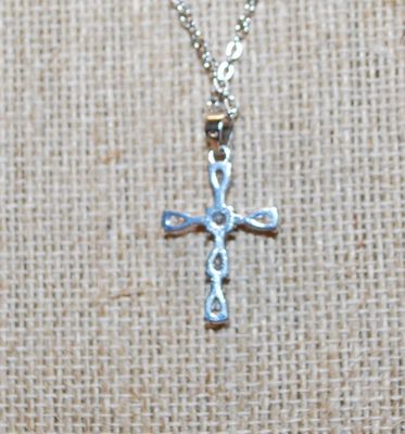 6 Pear Shaped Clear Stones Cross PENDANT (1" x ¾") on a Silver Tone Necklace Chain 17" L