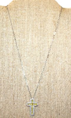 Lemon Yellow Stones Insert & Clear Stones Surrounds Cross PENDANT (1" x ¾") on a Silver Tone Necklace Chain 17" L