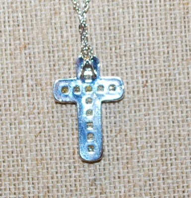 Lemon Yellow Stones Insert & Clear Stones Surrounds Cross PENDANT (1" x ¾") on a Silver Tone Necklace Chain 17" L