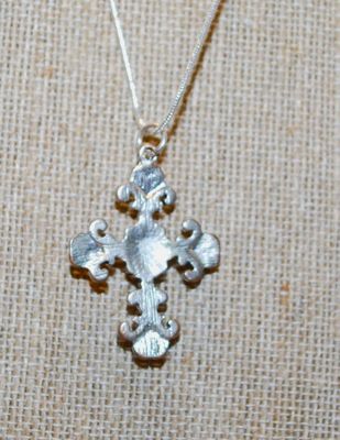Fleur-de-Lis Blue Stones Cross PENDANT (1¾" X 1") on a .925 Silver Chain 18" L