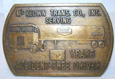 "McKeown Trans. Co,. Inc. 6 Years Accident-Free Driver" Belt Buckle 3½" x 2¼"
