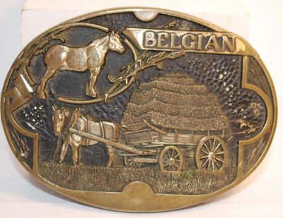 "Belgian Horses" Belt Buckle by Award Design Metals Inc. Solid Brass 3¾" x 2¾"