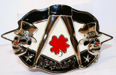 "Almany" Clover Leaf with Skulls & Hats Belt Buckle 4 1/2" x 3"