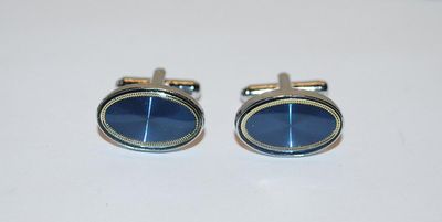 NEW CUFFLINKS SET with Blue Oval Stone & Gold Tone Surround on a Silver Tone Setting