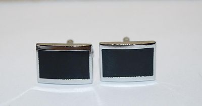 NEW CUFFLINKS SET with All Black RECTANGLE Center on a Silver Tone Setting