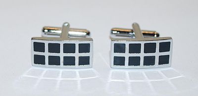 NEW CUFFLINKS SET with 8 Black Squares on a Rectangle Shape on a Silver Tone Setting
