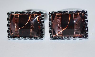 NEW CUFFLINKS SET with Muted Orange Glass Stone RECTANGLE & Silver "Nubs" Surround on a Silver Tone Setting