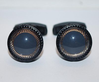 NEW CUFFLINKS SET with a ROUND Shape & Dark Gray/Blue Center + Gold Tone Surround & an All BLACK Tone Setting