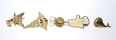 Collection of 5 STUD PINS including Gold Tone Whale, Angel & Scissor Bird