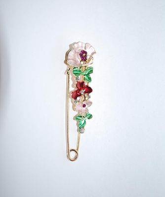 ***NEW SALE PRICE*** Beautiful Large Bejeweled PIN (3" x ¾") with RED Stones on Blossoms & Leaves on a Gold Tone Pin