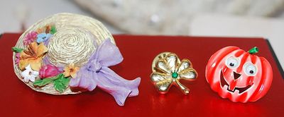 Collection of 3 Assorted TACKS - Flowered Straw Hat, Wiggle Eyes Pumpkin & "Green Stone 3-Leaf Clover"