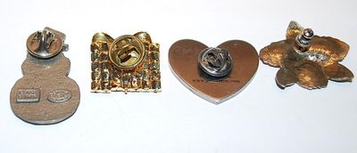 Collection of 4 TACKS/PINS Including Heart, Snowman, Bejeweled Gift and Flower