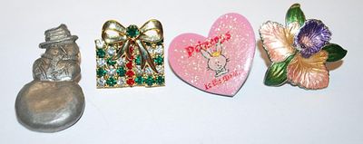 Collection of 4 TACKS/PINS Including Heart, Snowman, Bejeweled Gift and Flower
