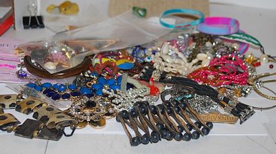 Jewelry Making/Crafts Assortment of Stones, Brooches, Etc.-- for Repair, Replacements or Repurpose Includes: Beads, Brooches, Earrings,...