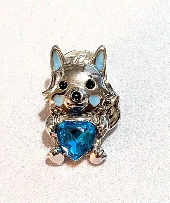 """NEW ARRIVAL""" Cute BLUE STONE HEART DOG PIN (1") with Blue Enamel Ears & Cheeks on a Silver...