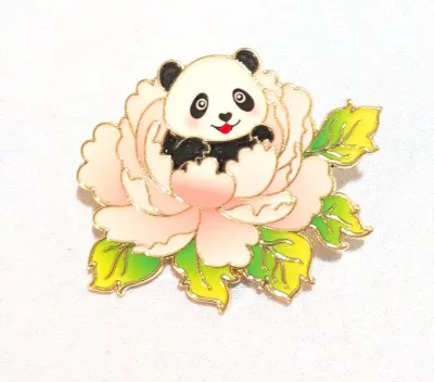 """NEW ARRIVAL""" Cute "PANDA IN A PINK FLOWER" PIN (1¾"") with Black Ears & Eyes...